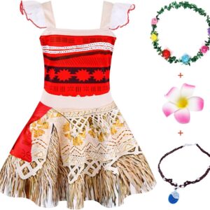 Jurebecia Kids Moana Dress Adventure Outfits Set for Girls Princess Dresses Strappy Child Clothes with necklace and Headbands and flower hair clip Halloween Birthday Party 3-4 Years