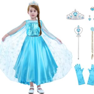 URAQT Elsa Costume Princess Dress, Elsa Dress with Wand and Crown Tiara, Princess Costumes with Elsa Dress Up Accessories for Girls, Girls Fancy Dress for Carnival Birthday Party Halloween Cosplay