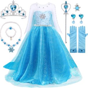 YYDSXK Elsa Dress Up for Girls, Frozen Princess Dress with Crown Fairy Wand Necklace Sets, Princess Elsa Costume Long Skirt, Kids Fancy Dress for Party Bridesmaid Cosplay Pageant